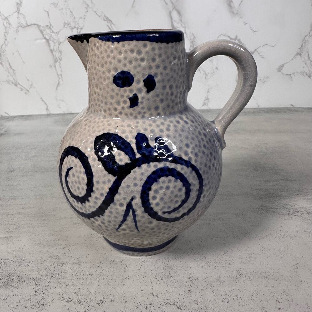 Vintage, Mid Century Scheurich Pottery Textured Gray/Blue Pitcher w/Handle Art